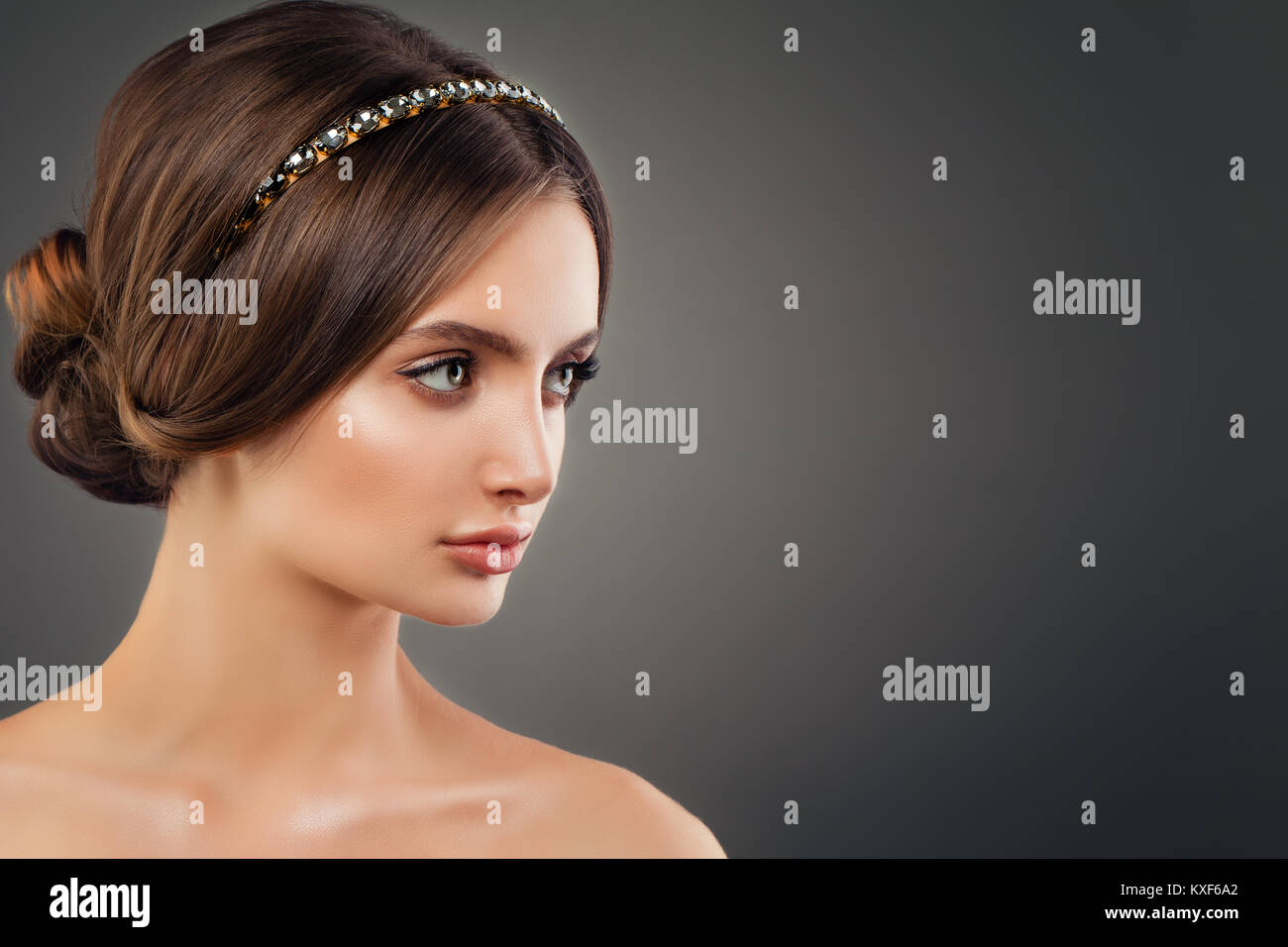 Nice Woman Fashion Model with Makeup and Diamond Hair decor, Fashion Portrait Stock Photo