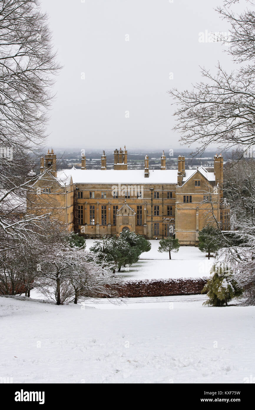 Batsford house in the snow in December at Batsford Arboretum, Cotswolds, Moreton-in-Marsh, Gloucestershire, England Stock Photo