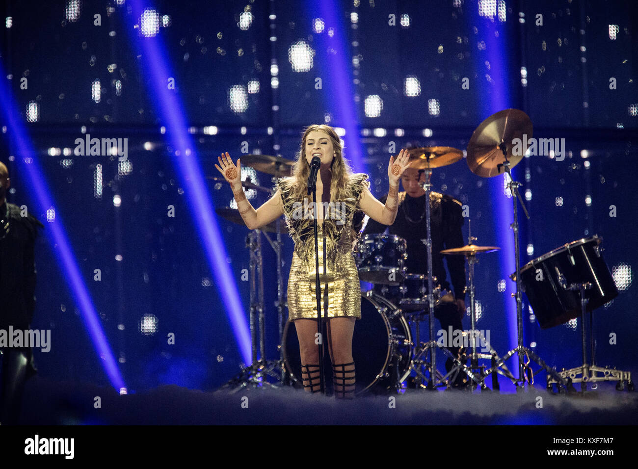 The British singer-songwriter Molly performs United Kingdom’s song ‘Children of the Universe’ at the Grand Final show of the Eurovision Song Contest 2014 in Copenhagen. The Brits ended at 17th place in the final. Denmark  10/05 2014. Stock Photo