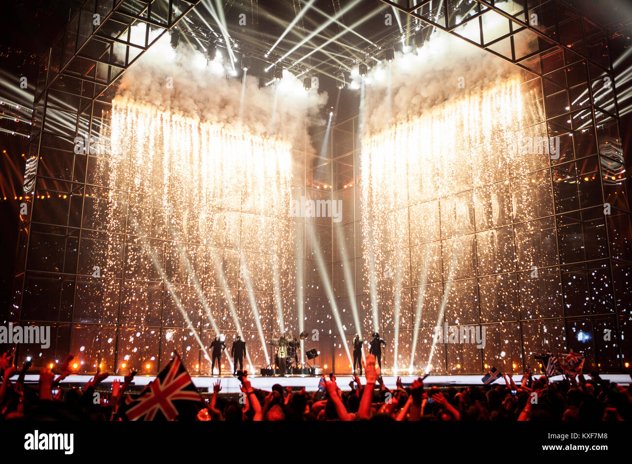 The British singer-songwriter Molly performs United Kingdom’s song ‘Children of the Universe’ at the Grand Final show of the Eurovision Song Contest 2014 in Copenhagen. The Brits ended at 17th place in the final. Denmark  10/05 2014. Stock Photo