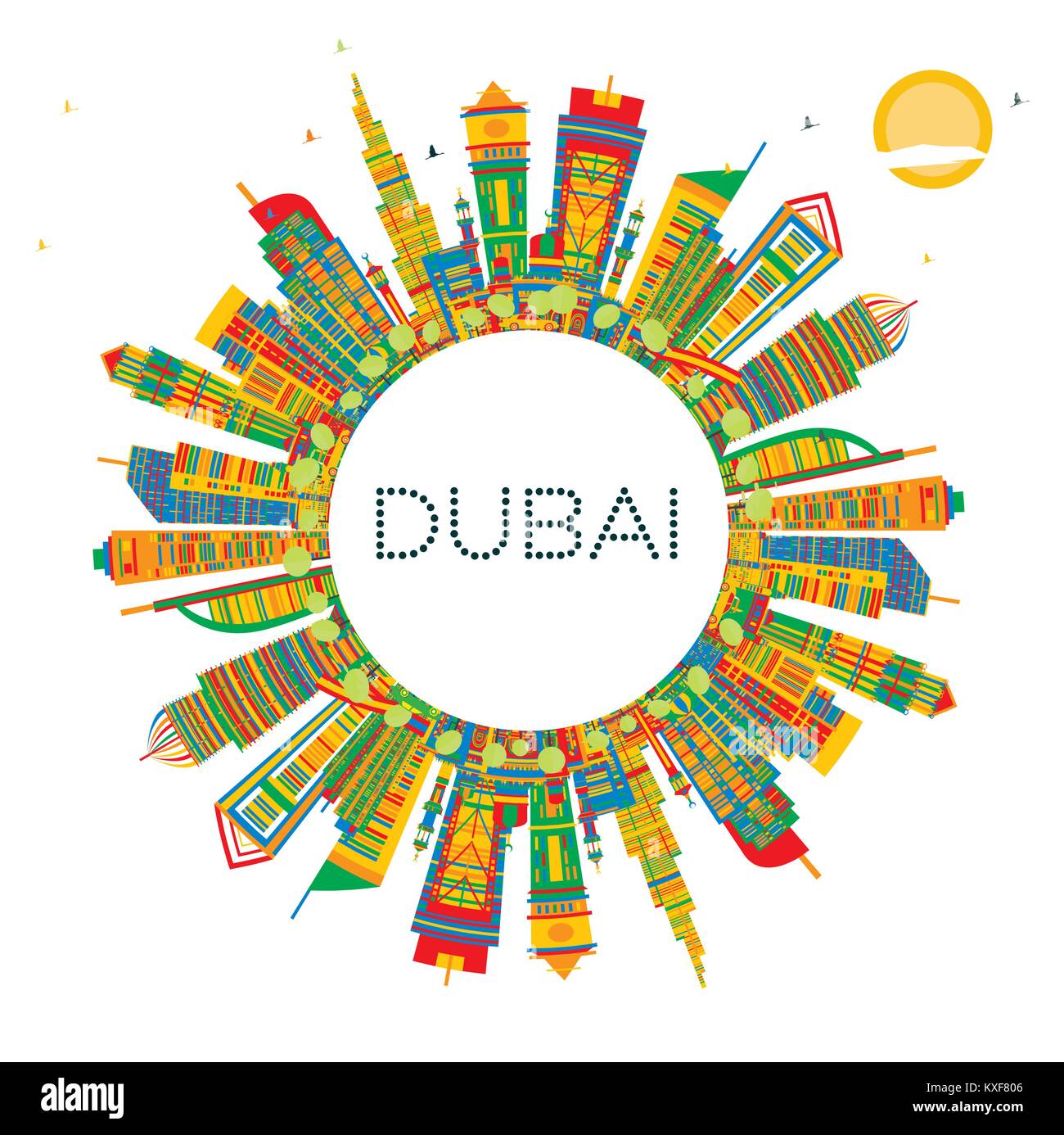 Dubai UAE City Skyline with Color Buildings and Copy Space. Vector Illustration. Business Travel and Tourism Illustration with Modern Architecture. Stock Vector