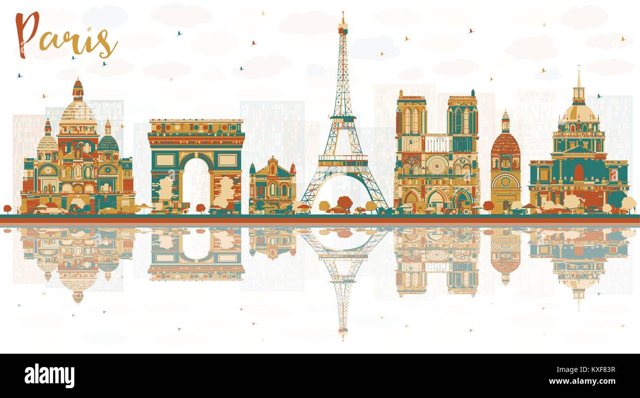 Paris France City Skyline with Color Landmarks. Vector Illustration. Business Travel and Tourism Concept with Historic Buildings. Stock Vector