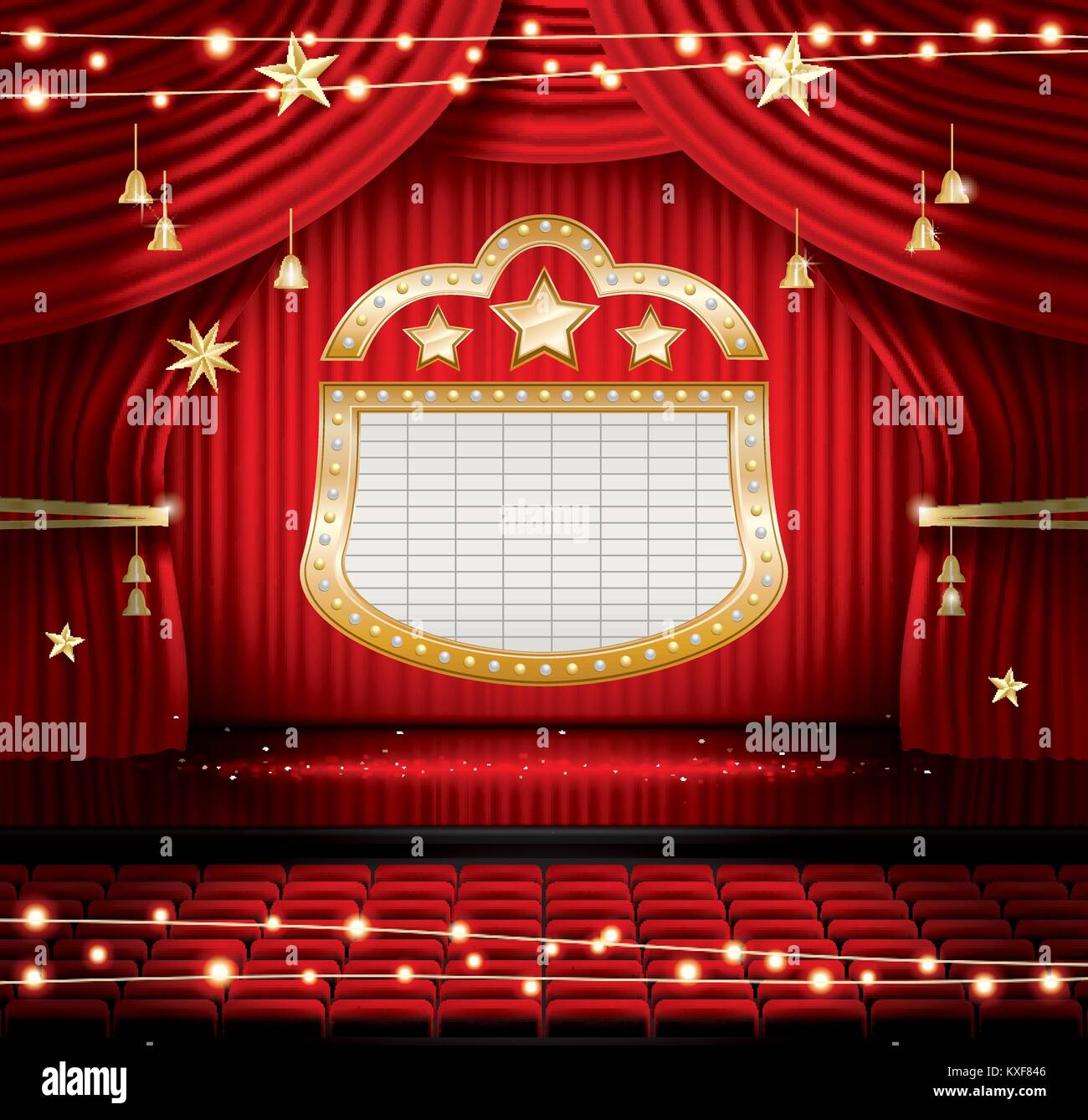 Red Stage Curtain with Seats and Spotlights. Vector illustration. Theater, Opera or Cinema Scene. Light on a Floor. Stock Vector