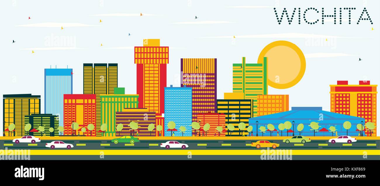 Wichita Kansas USA City Skyline with Color Buildings and Blue Sky