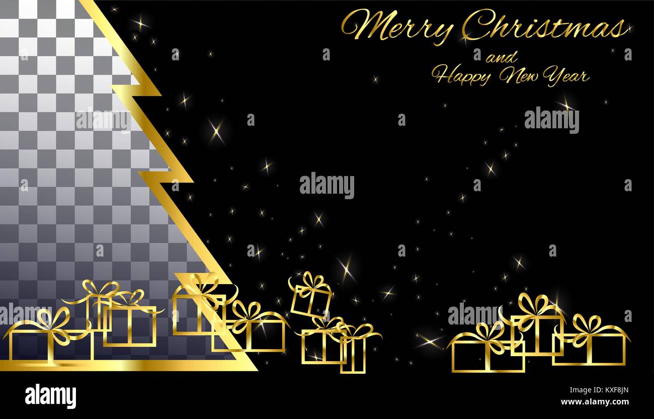 blank of gold on a black background of the Christmas tree with gifts