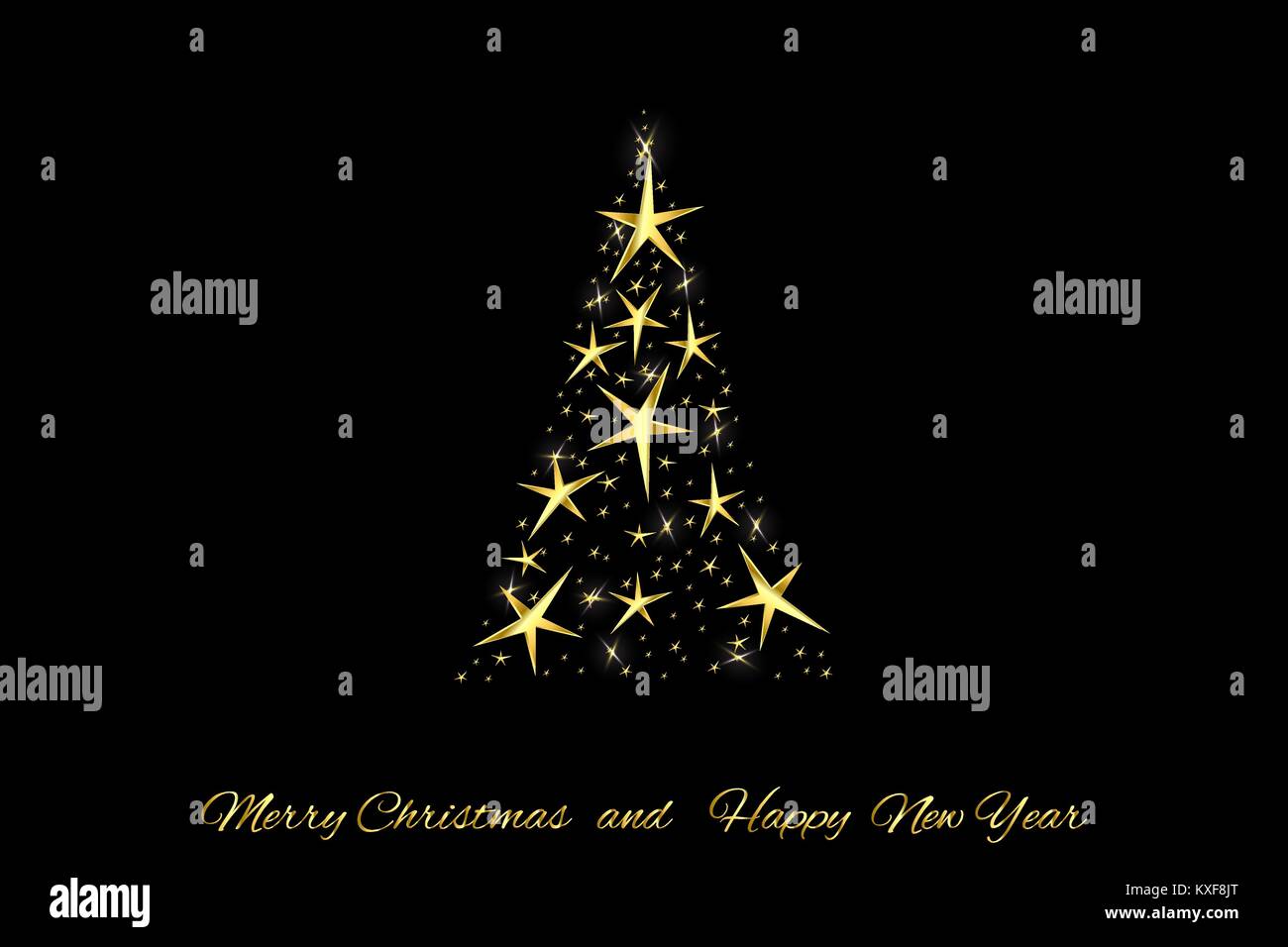 Christmas tree of golden stars with glow on a black background Stock ...