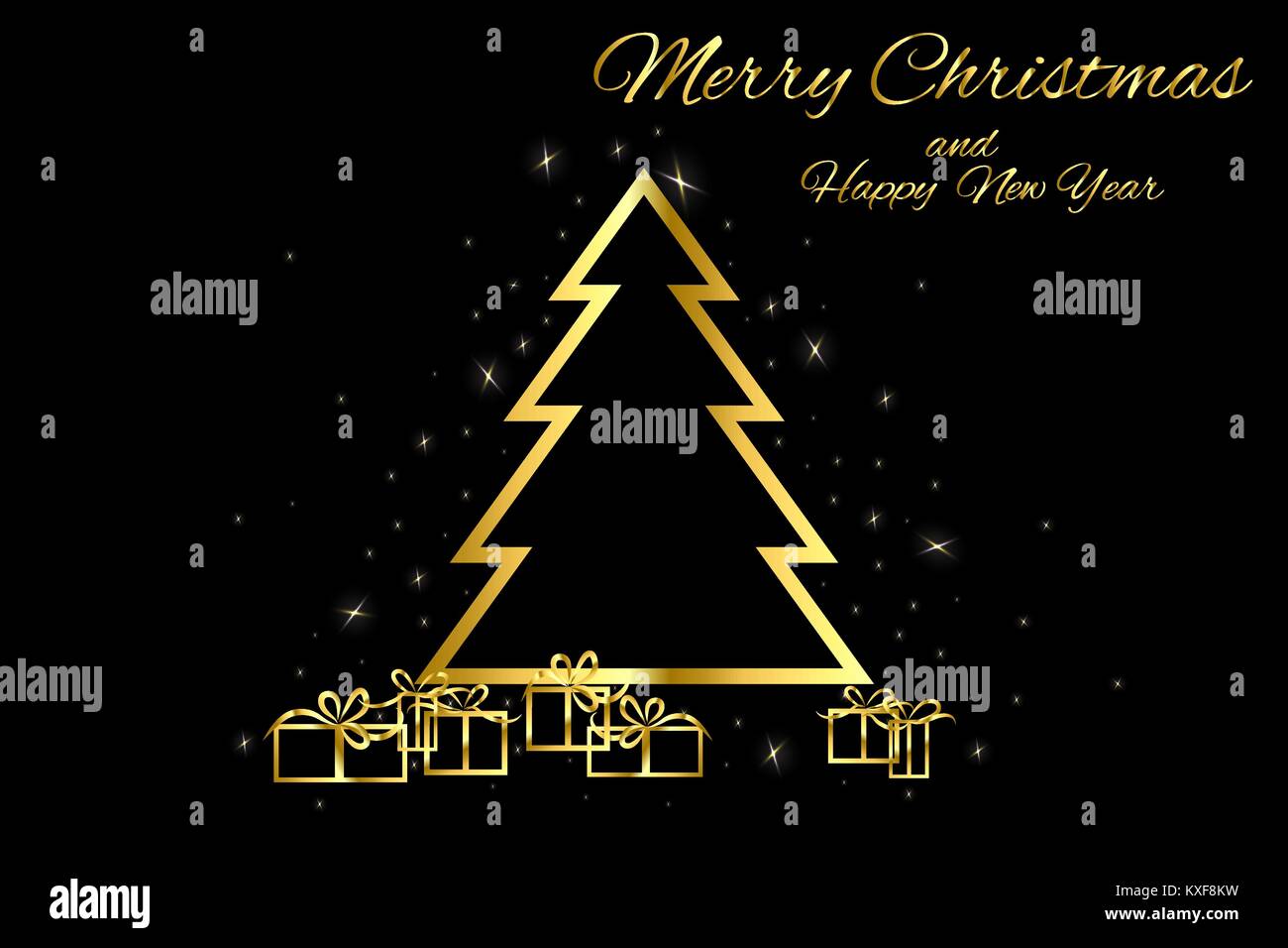 Gold Christmas tree with gifts and lights on a black background Stock ...
