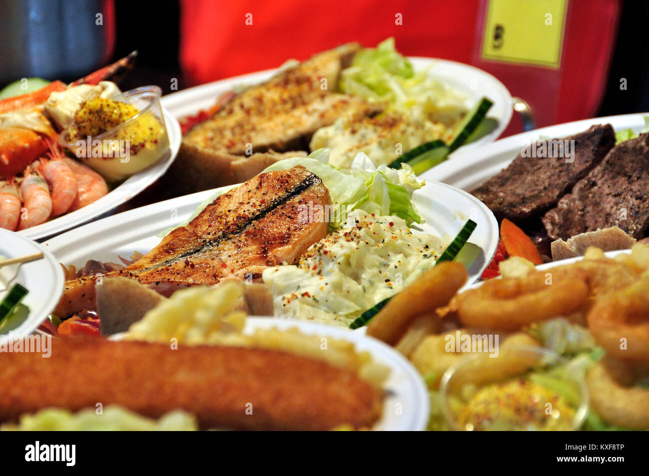 Typical dishes from the fish market restaurants in Bergen Norway Stock Photo