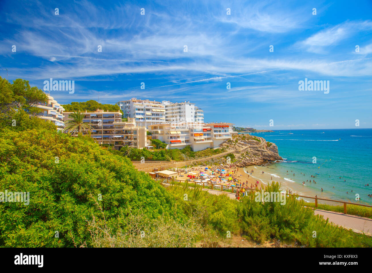Spain resort cityscape, Salou. Clear blue sky above sea and hotels in Salou. Stock Photo
