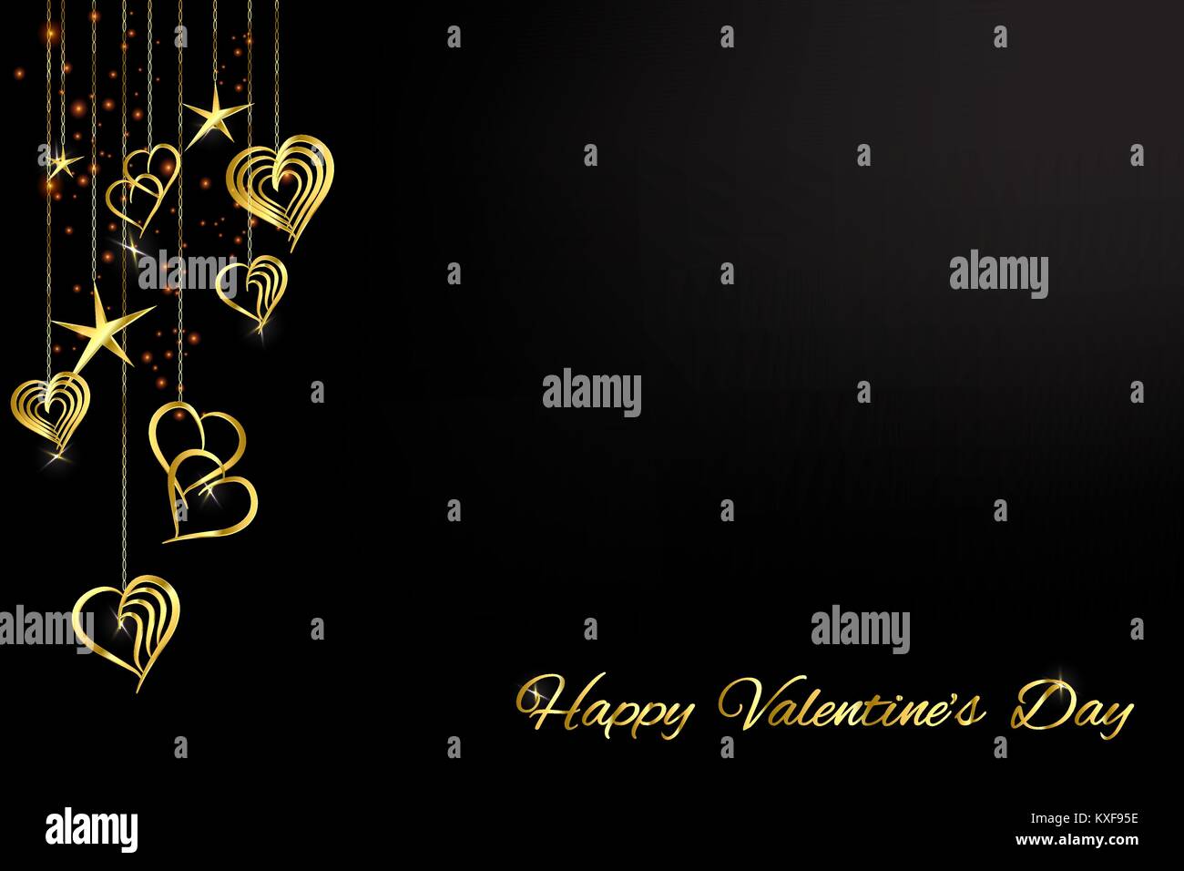 Valentine's Day greeting card with gold hearts on a chain on a black ...