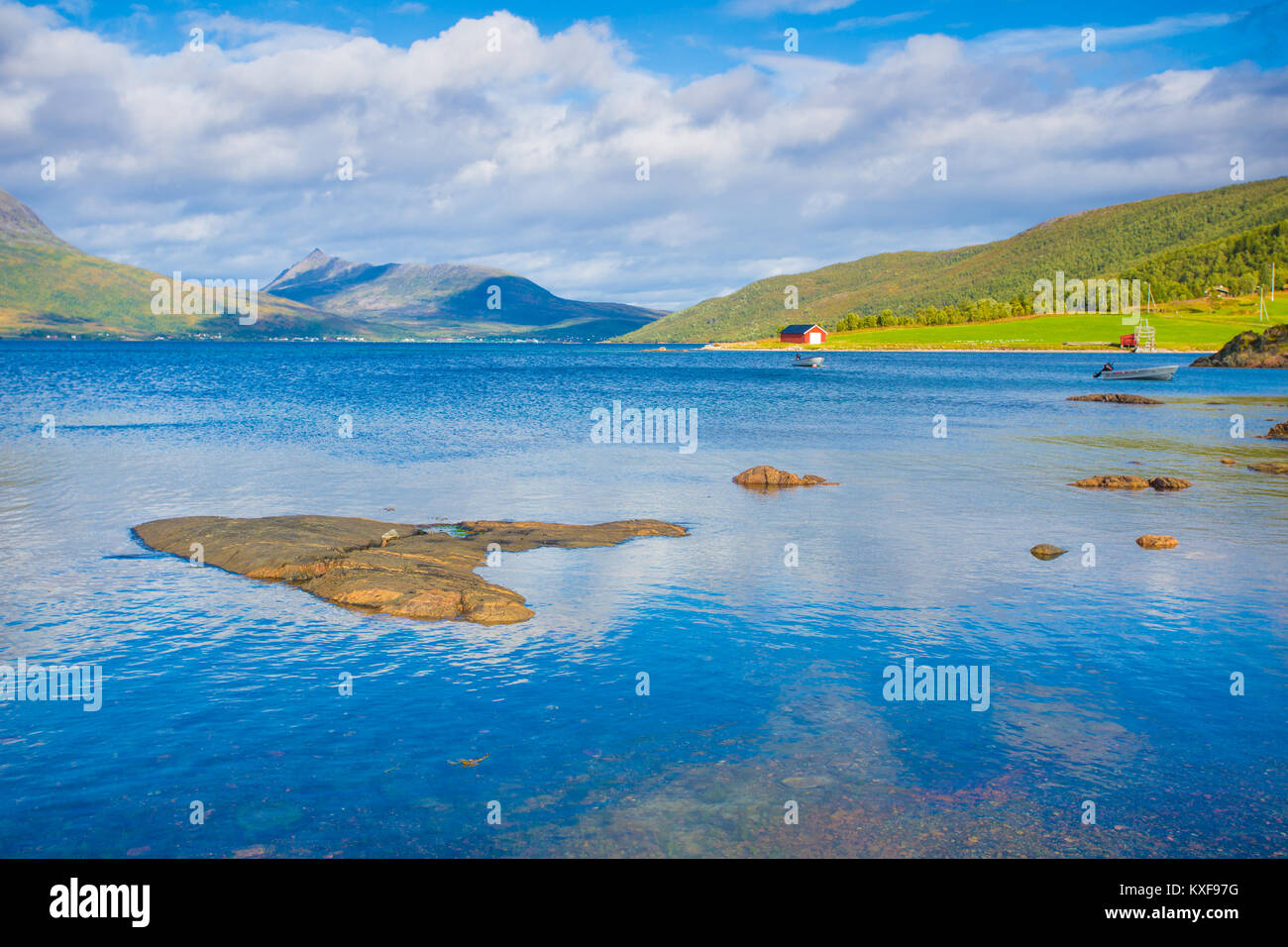 Clear lake in Norway. Nature of Senja island, Norway. Pollution free northern landscape. Stock Photo