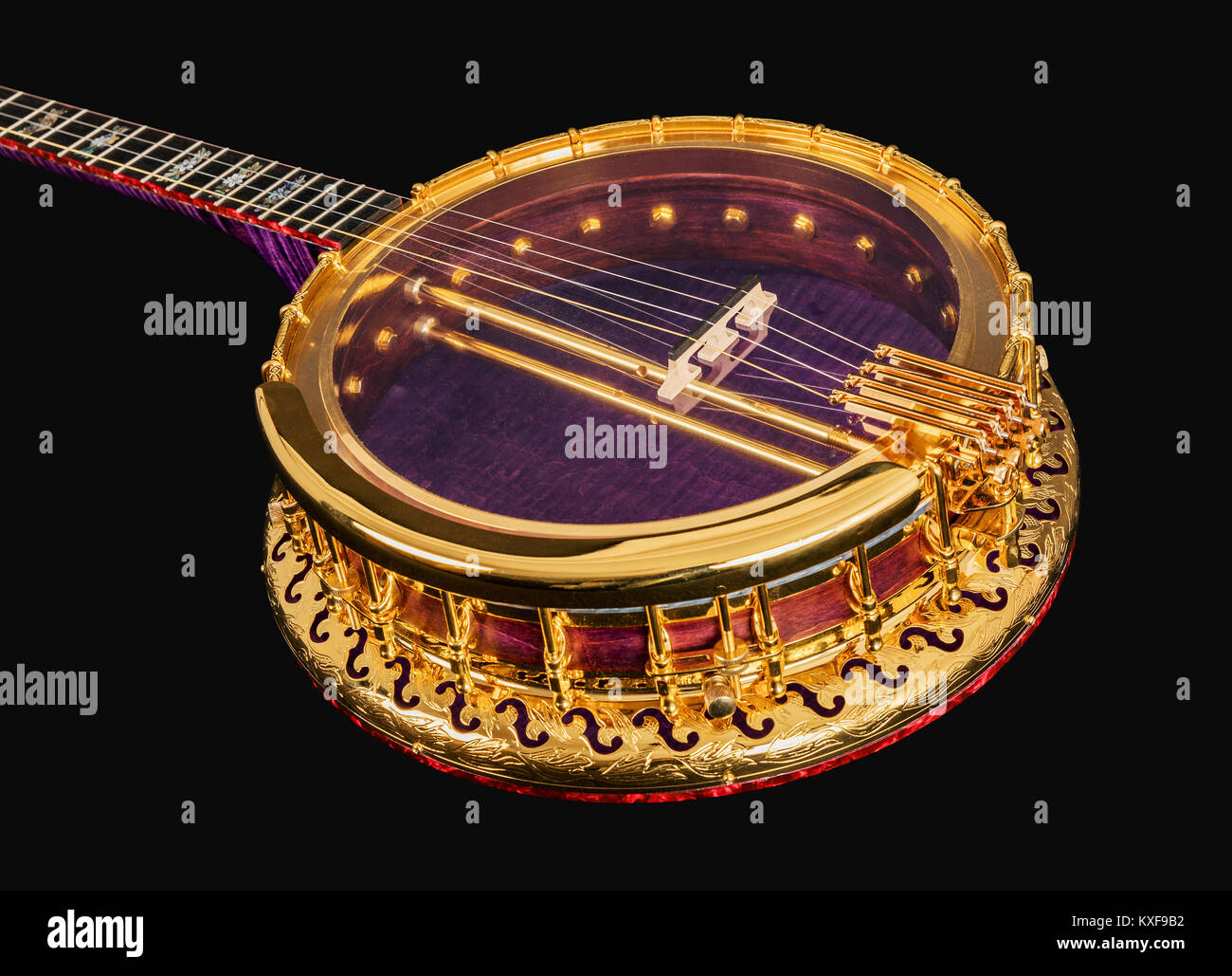 5-string banjos on black background. Carved wooden neck Benjo. Beautiful  carved painting. Unusual violet color of wood., archtop tonering Stock  Photo - Alamy