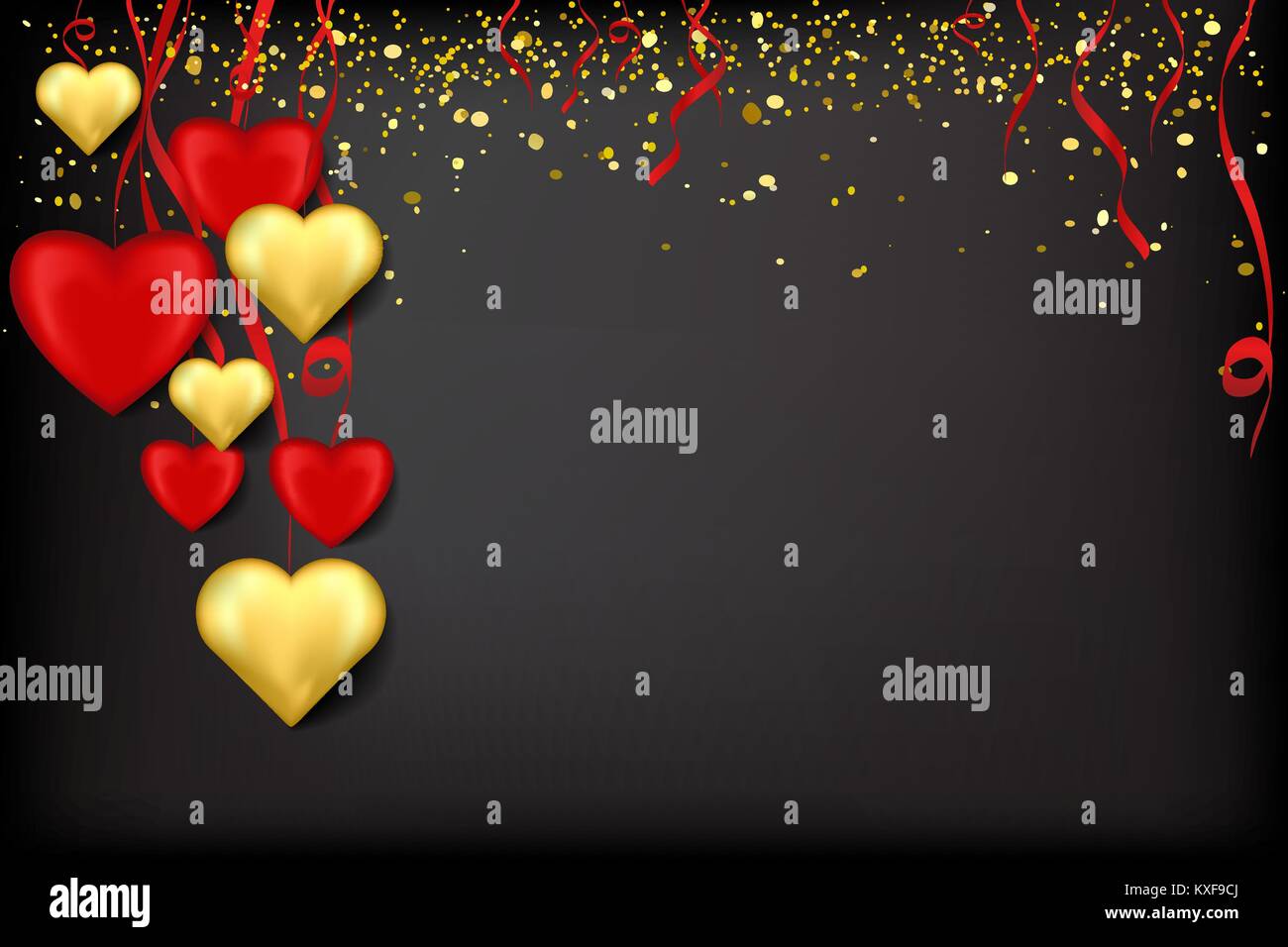 Valentine's Day card with red and golden hearts on ribbons with ...