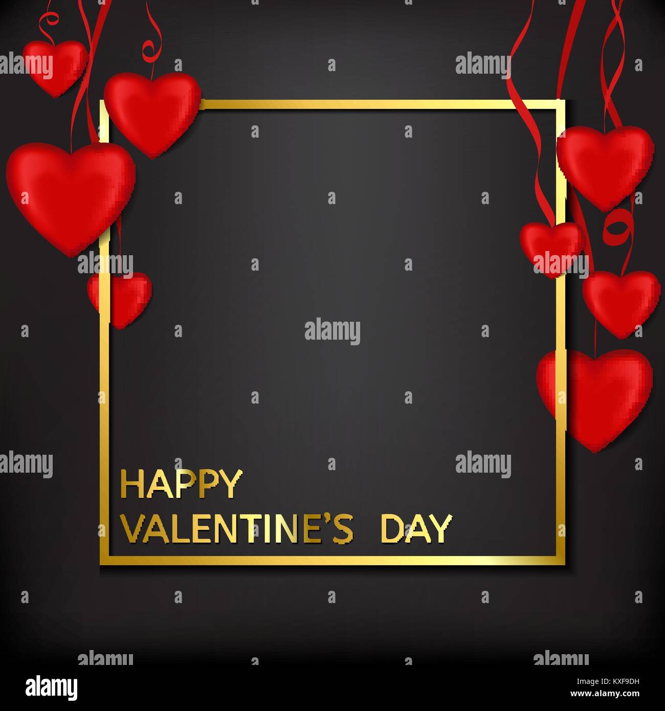 Valentine's Day card with red hearts bulk on a black background with a