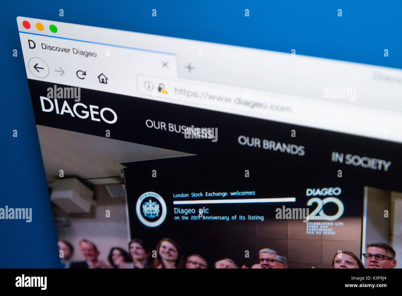 LONDON, UK - JANUARY 4TH 2018: The homepage of the official website for Diageo - the British multinational alcoholic beverages company, on 4th January Stock Photo