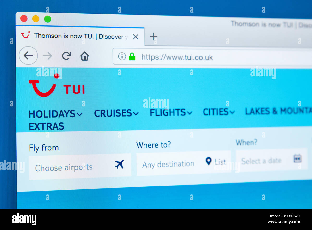 LONDON, UK - JANUARY 4TH 2018: The homepage of the official website for TUI, formerly known as Thomson Holidays - the UK based travel operator, on 4th Stock Photo