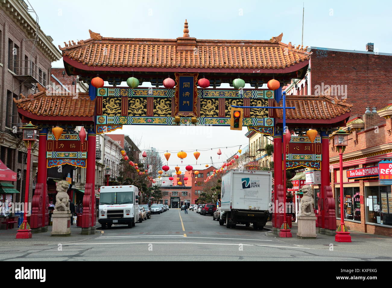 The Gates of Harmonius Interest guard the entrance to Victoria's Chinatown. Stock Photo