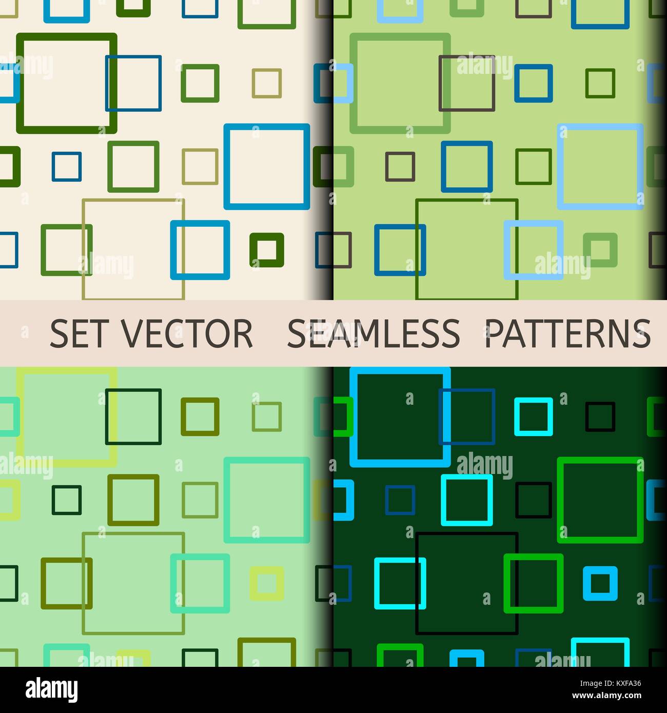 set of seamless green geometric patterns of the contour of the squares Stock Vector