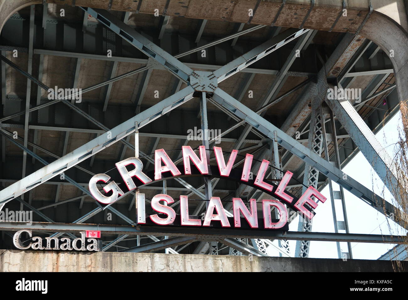 Granville Island sign as you enter this wonderful place in Vancouver Canada. Stock Photo