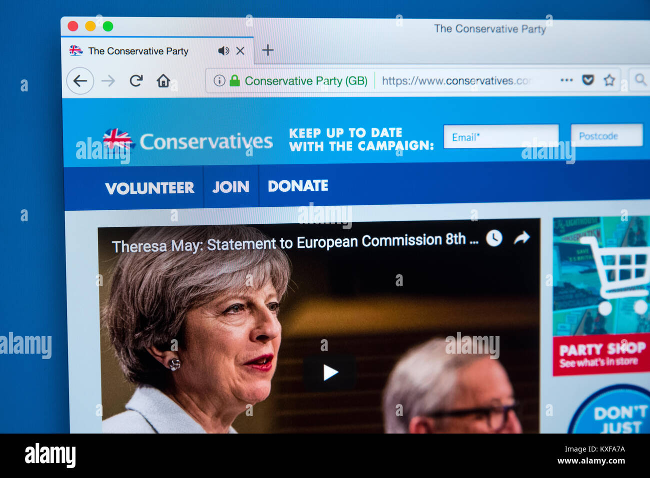 LONDON, UK - JANUARY 4TH 2018: The homepage of the official website for the Conservative Party - the conservative political party in the UK, on 4th Ja Stock Photo