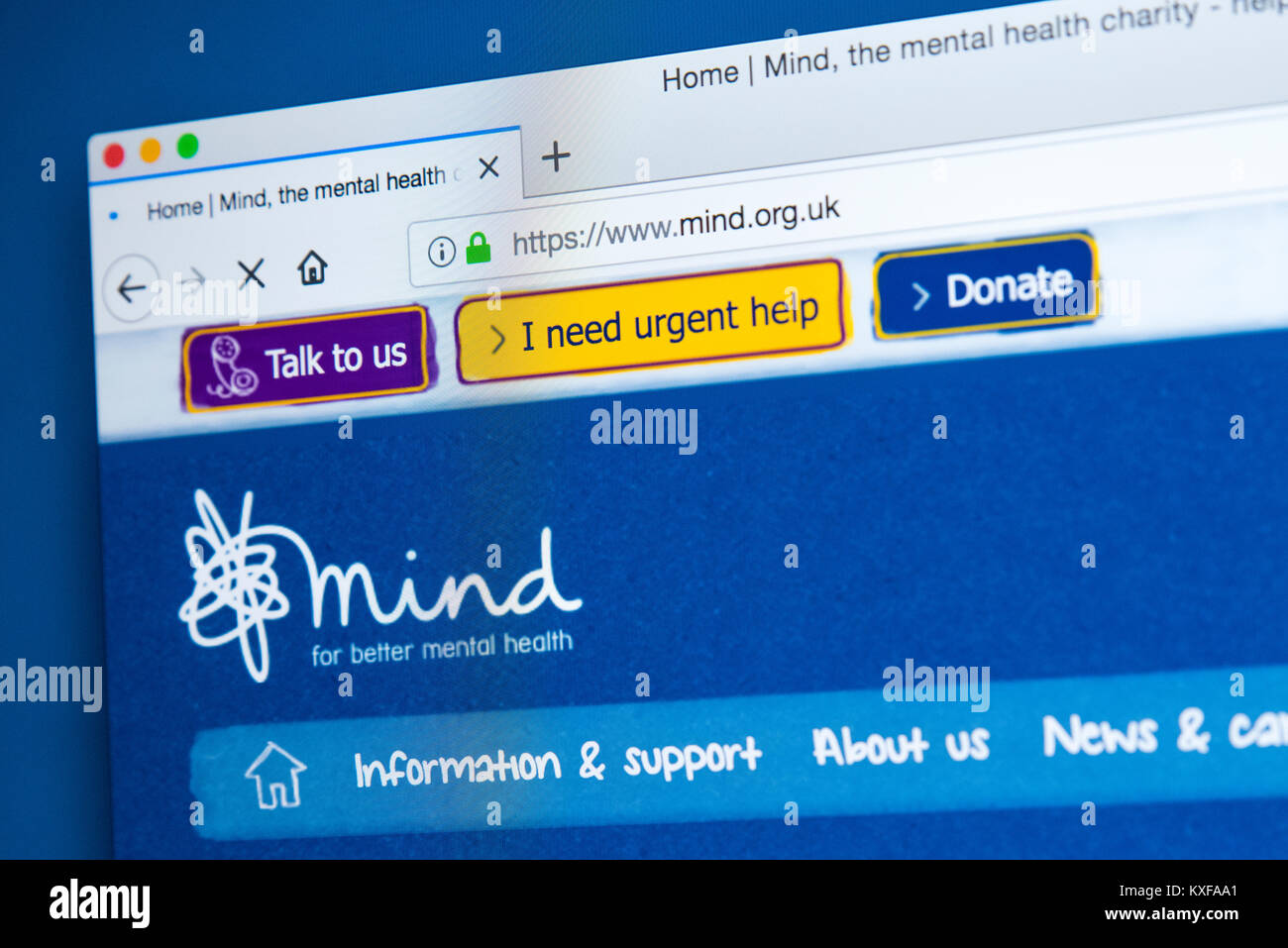 LONDON, UK - JANUARY 4TH 2018: The homepage of the official website for Mind - the mental health charity, on 4th January 2018. Stock Photo