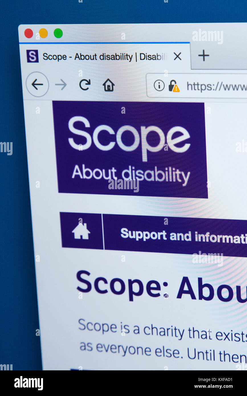 LONDON, UK - JANUARY 4TH 2018: The homepage of the official website for Scope - the leading disability charity in England and Wales, on 4th January 20 Stock Photo