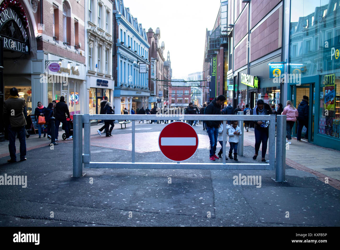 No entry sign and metal barrier as security measures on Lands Lane off the Headrow in Leeds City Centre next to the Thornton Arcade Stock Photo
