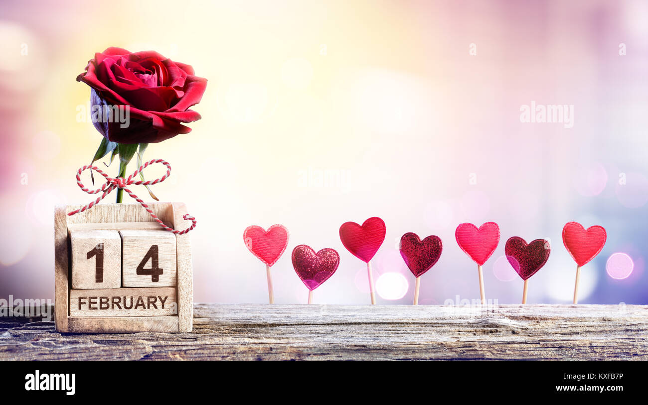 Valentines Day - Calendar Date With Rose And Hearts Decoration Stock Photo