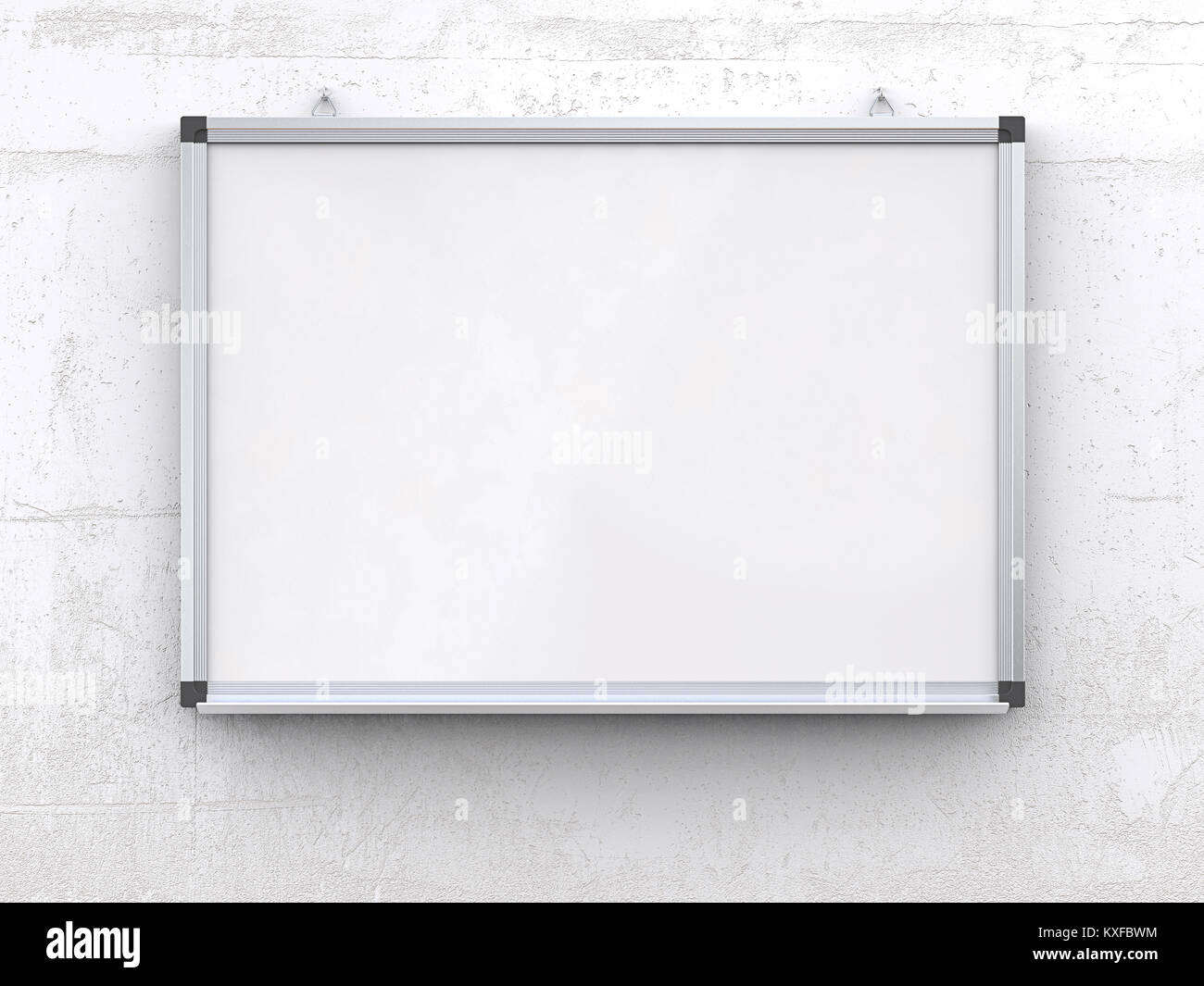 Blank Whiteboard with marker pens on rough white concrete wall. Scratched surface, blank for copy space. 3d render, Stock Photo