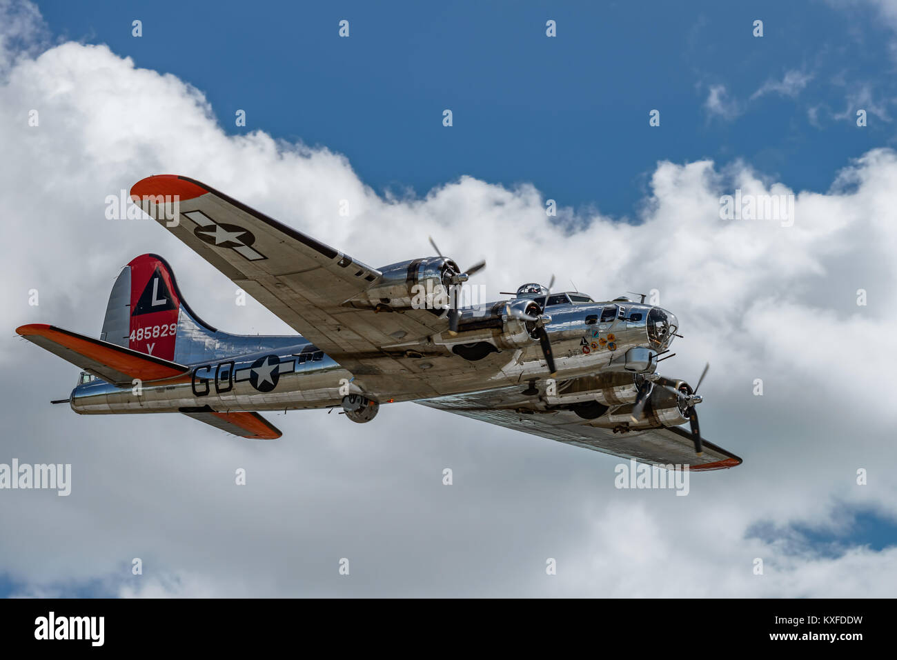 READING, PA - JUNE 3, 2017: Boening B-17G Flying Fortress 'Yankee Lady' in flight during World War II reenactment at Mid-Atlantic Air Museum Stock Photo