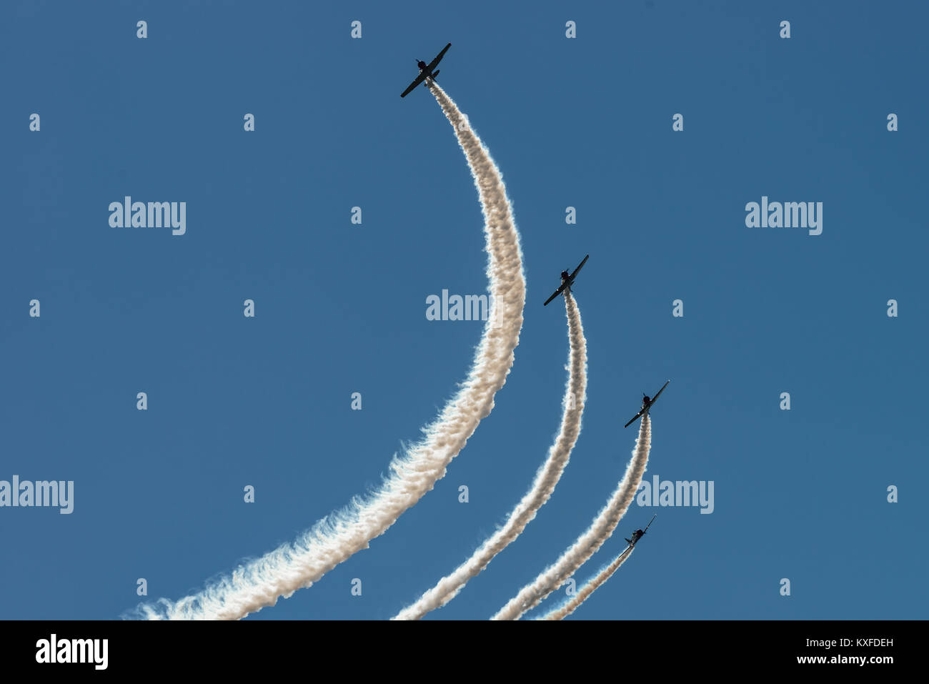 READING, PA - JUNE 3, 2017: The GEICO Skytypers in flight during World War II reenactment at Mid-Atlantic Air Museum Stock Photo