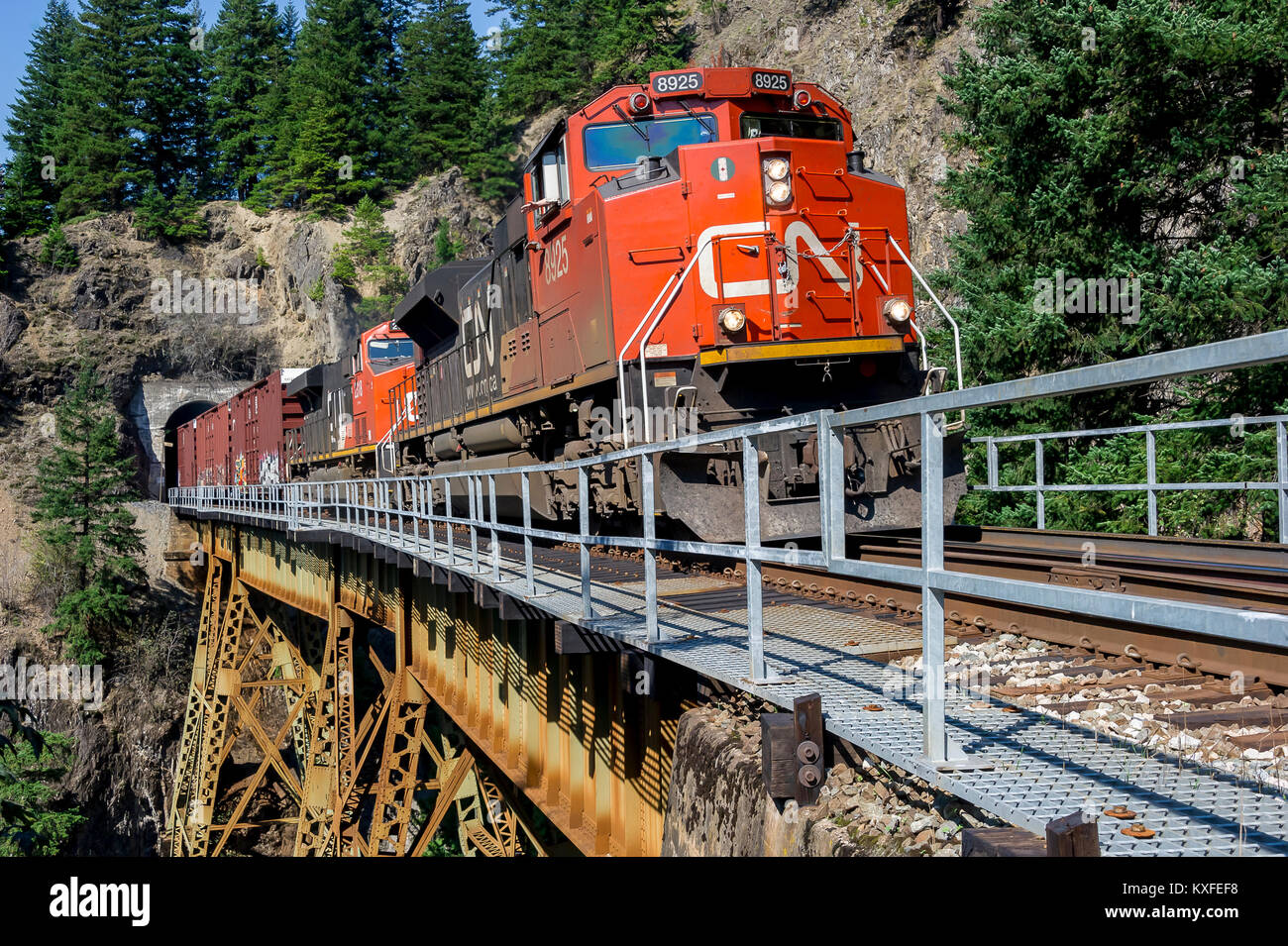 CNR manifest train exits Ainslee Creek tunnel onto Ainslee bridge led