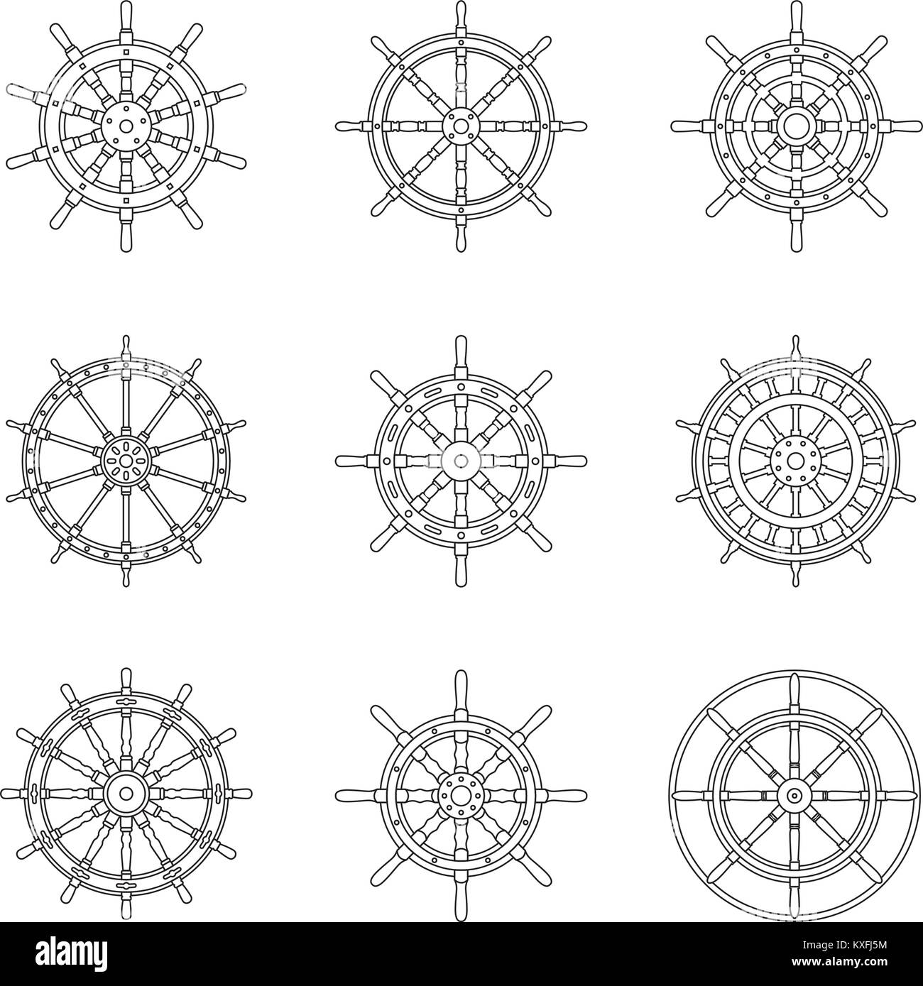 Set of ship wheel icon collection. Vector thin line Stock Vector