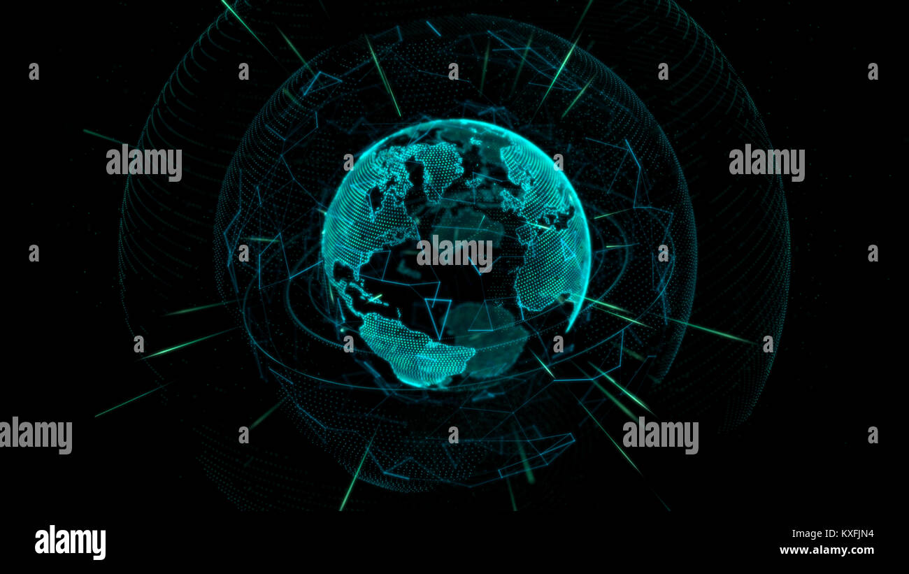 Glowing Earth globe depicted by thin lines and dots on a dark ...