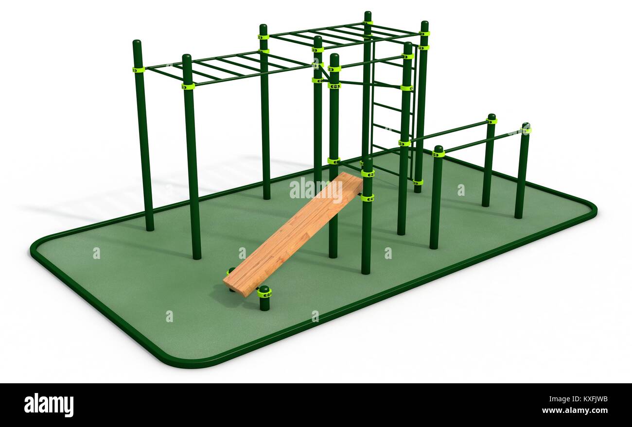 Parallel Green Bars With Wood Bench For Press At Sports Ground For