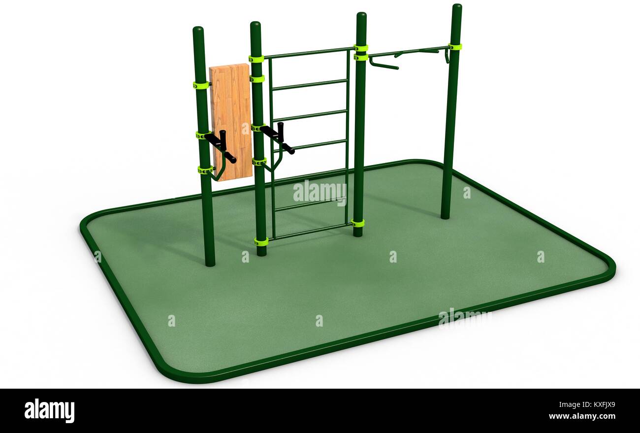 Parallel Green Bars With Wood Bench For Press At Sports Ground For