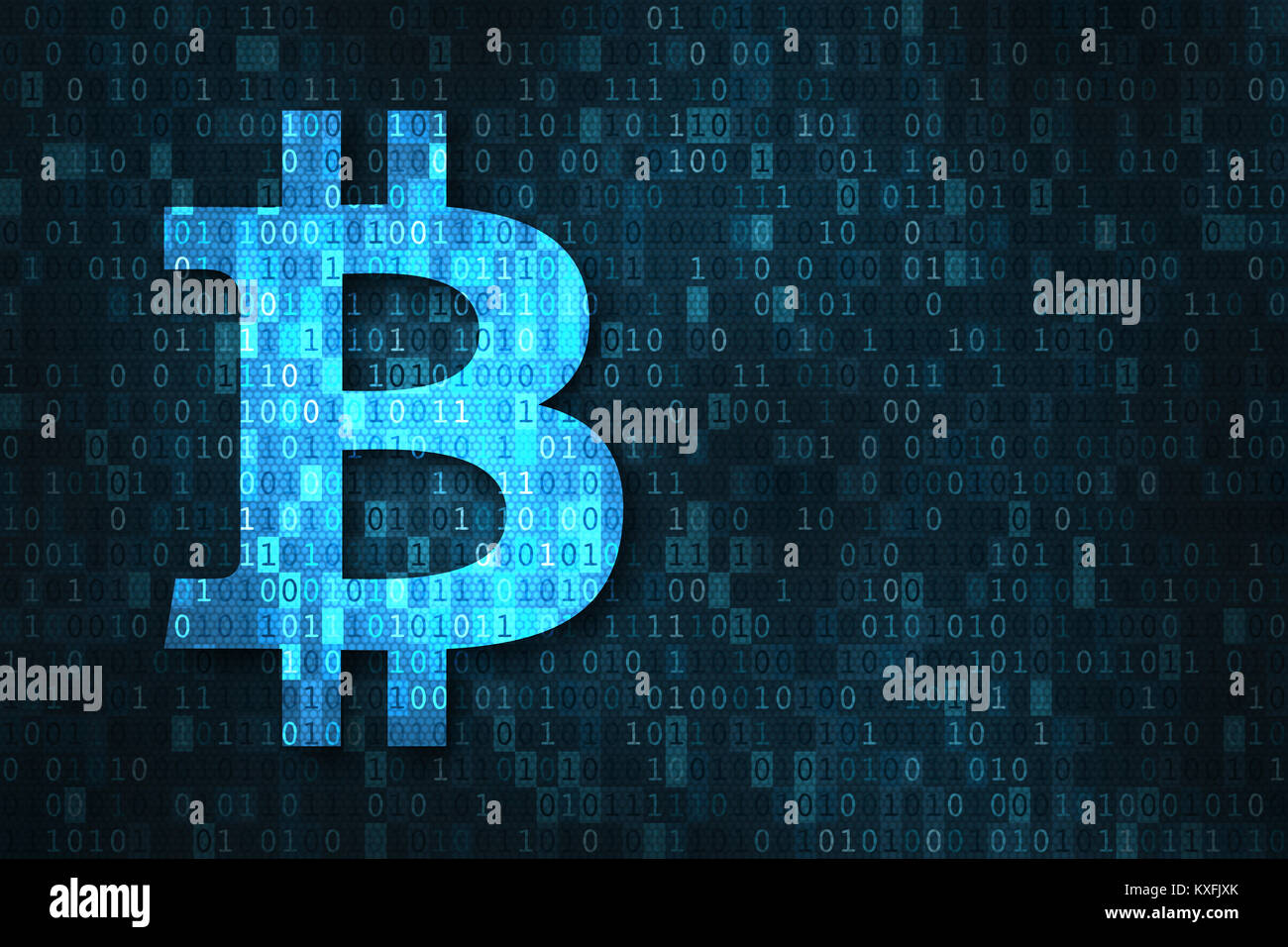 Bitcoin cryptocurrency based on blockchain technology concept with BTC currency symbol over binary digits code matrix background, fintech and financia Stock Photo