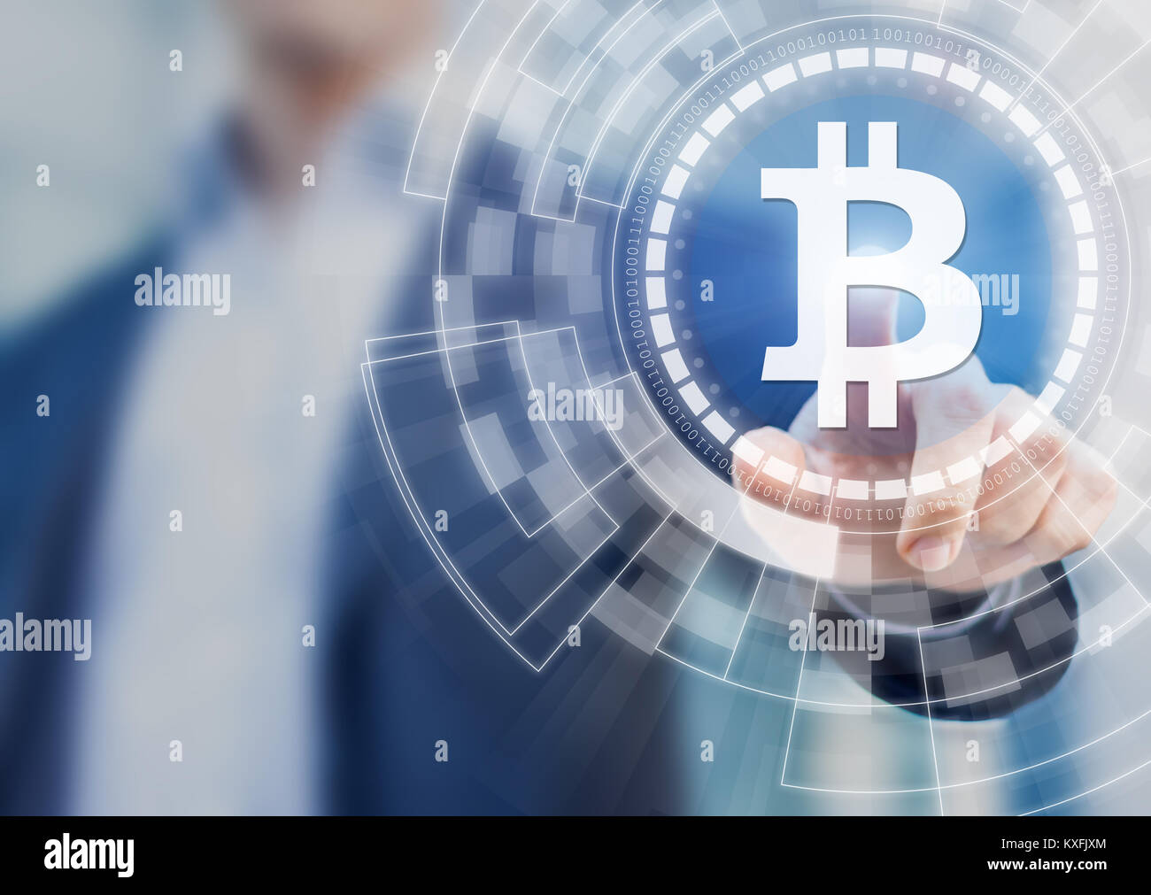 Businessman using bitcoin digital wallet blockchain technology for financial investment or payment solution, BTC cryptocurrency symbol on virtual scre Stock Photo