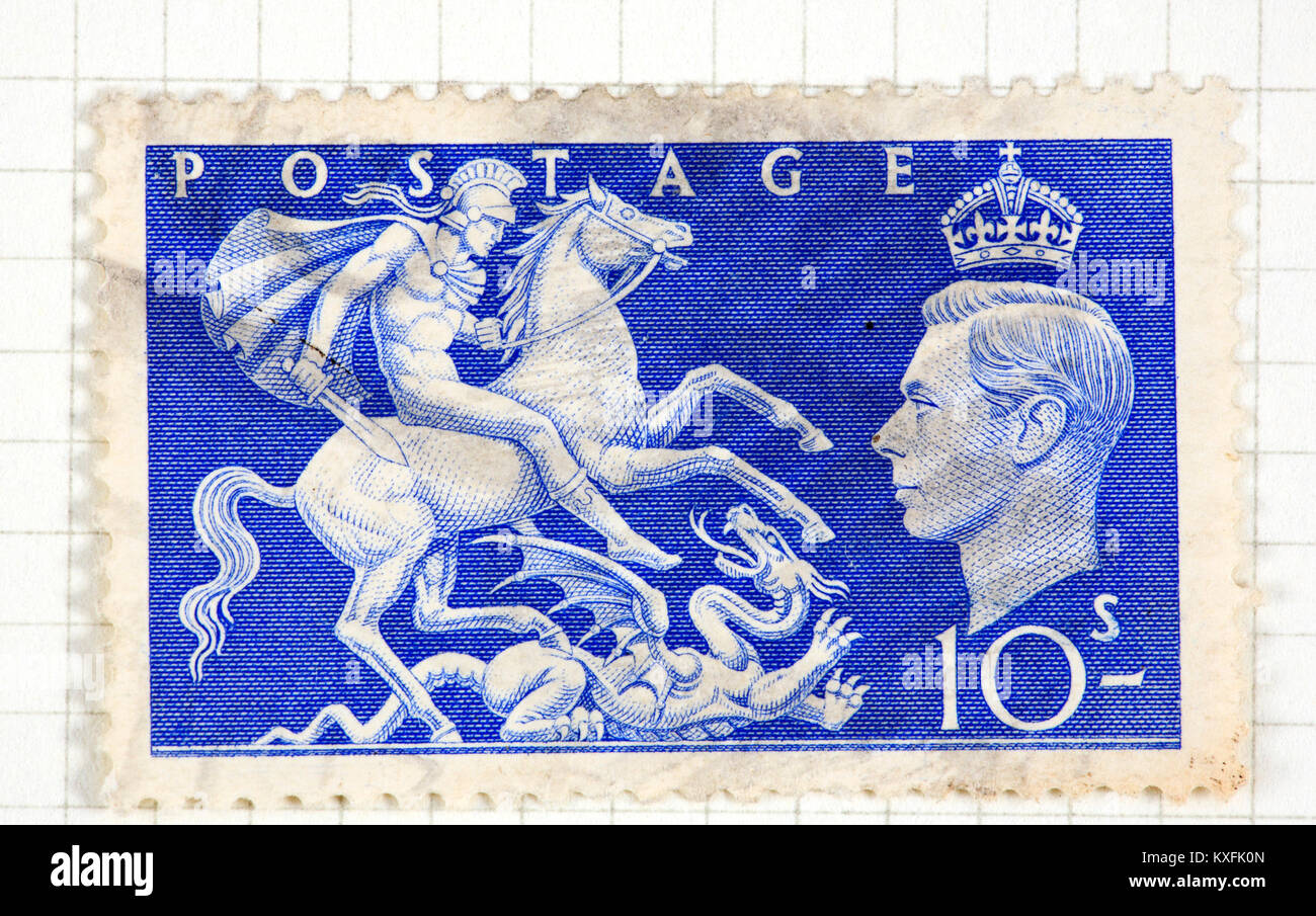 A King George VI used 10s blue stamp of 1951 issue. Stock Photo