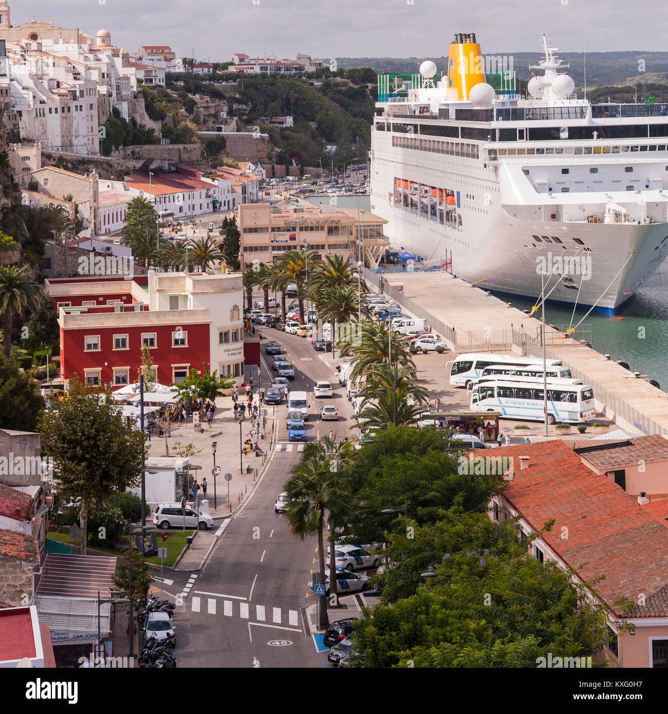 Cruise ships at the port at Mahon , Menorca , Balearic Islands , Spain Stock Photo