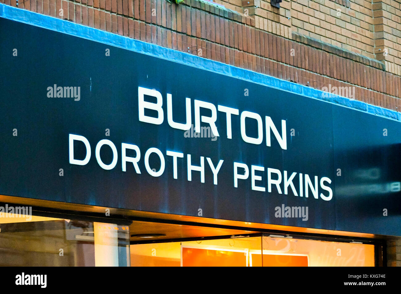 Weymouth, Dorset, UK.  9th January 2018.  Burton and Dorothy Perkins shopfront sign in Weymouth, Dorset.  Picture Credit: Graham Hunt/Alamy Live News. Stock Photo
