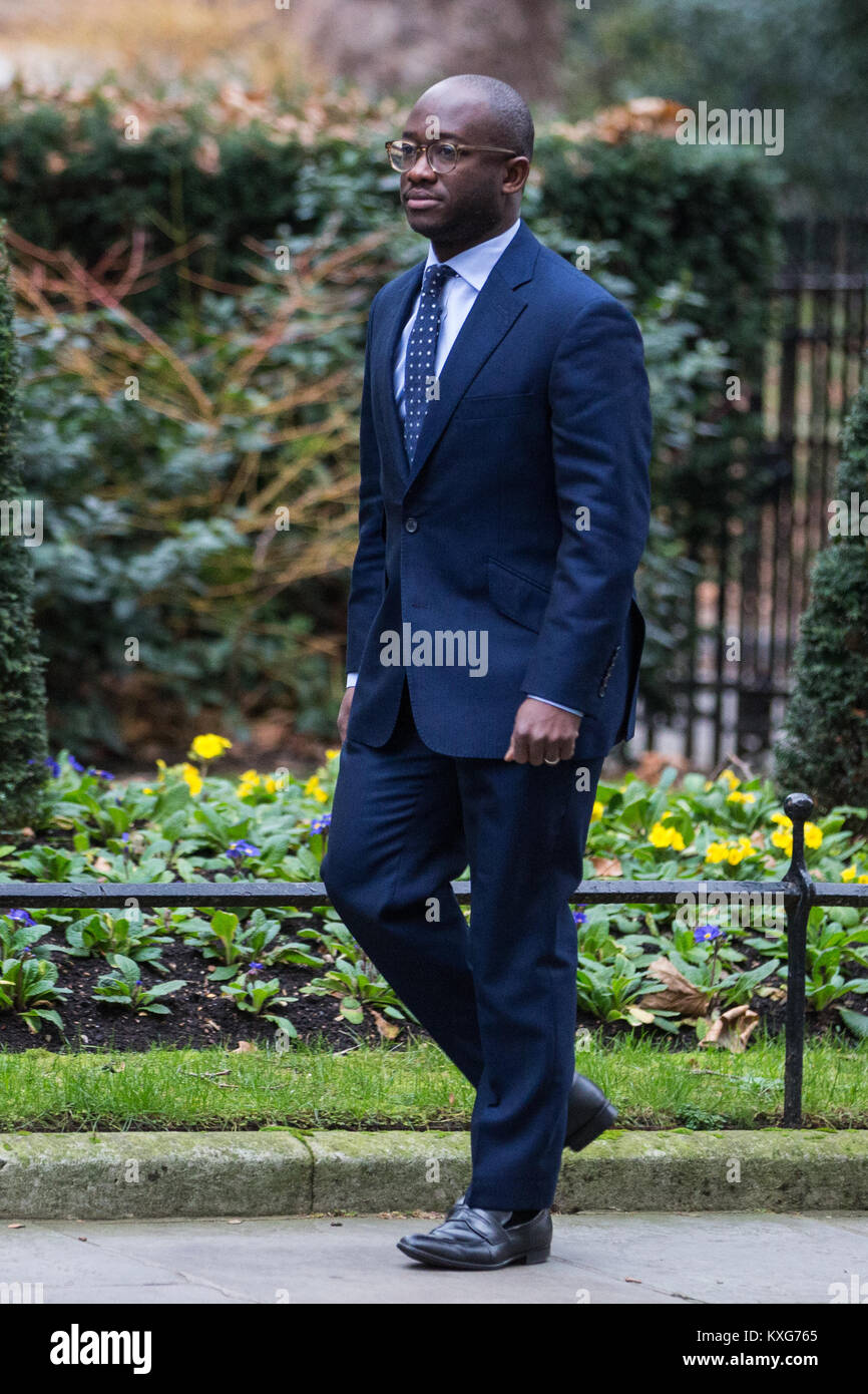 London, UK. 9th Jan, 2018. Sam Gyimah MP arrives at 10 Downing Street during the reshuffle of junior ministers by Prime Minister Theresa May. He was appointed as Universities Minister. Credit: Mark Kerrison/Alamy Live News Stock Photo