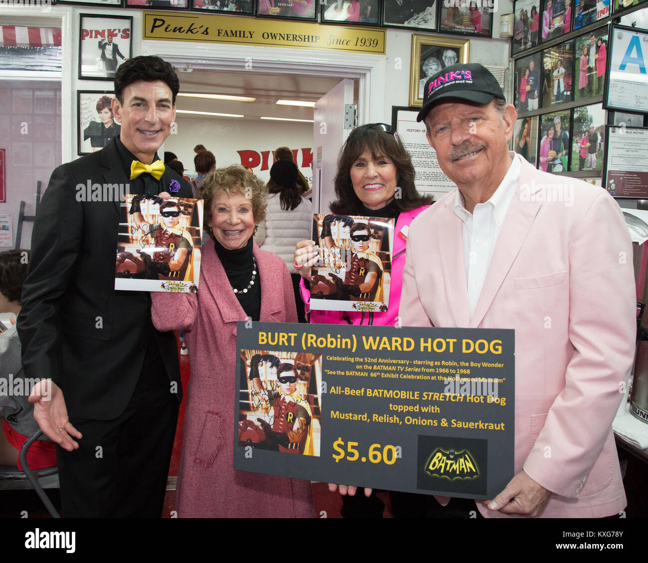 Hollywood, California, USA. 9th January, 2018. Actor Burt Ward, who played 'Robin', in the Batman TV series, was honored today at the legendary Pink's Hotdogs with a hot dog named in his honor. the Burt 'Robin' Ward Hotdog in celebration of the Batman '66' exhibit opening at the Hollywood Museum in Hollywood, California.  Credit: Sheri Determan/Alamy Live News Stock Photo