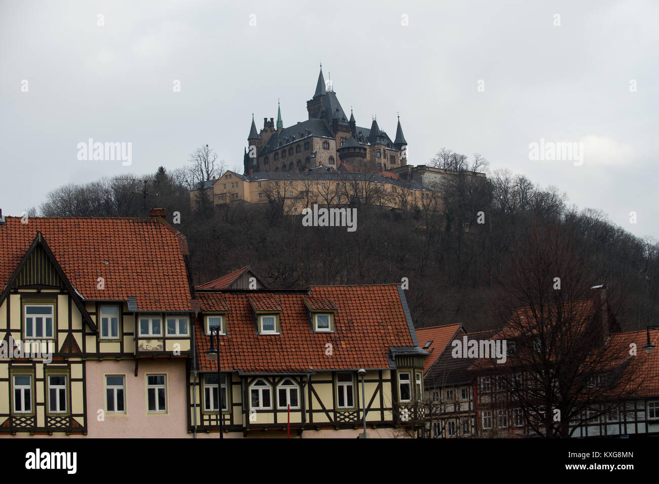 Wernigerode, Germany. 09th Jan, 2018. Wernigerode castle towers over the rooftops of the city in the dull wintry weather in Wernigerode, Germany, 09 January 2018. The castle, constructed in the Middle Ages, has been converted several times throughout the centuries. Today, it serves as a prime example for North German Historicism. In the next few days the Harz remains mild, dry and cloudy. Credit: Klaus-Dietmar Gabbert/dpa-Zentralbild/ZB/dpa/Alamy Live News Stock Photo