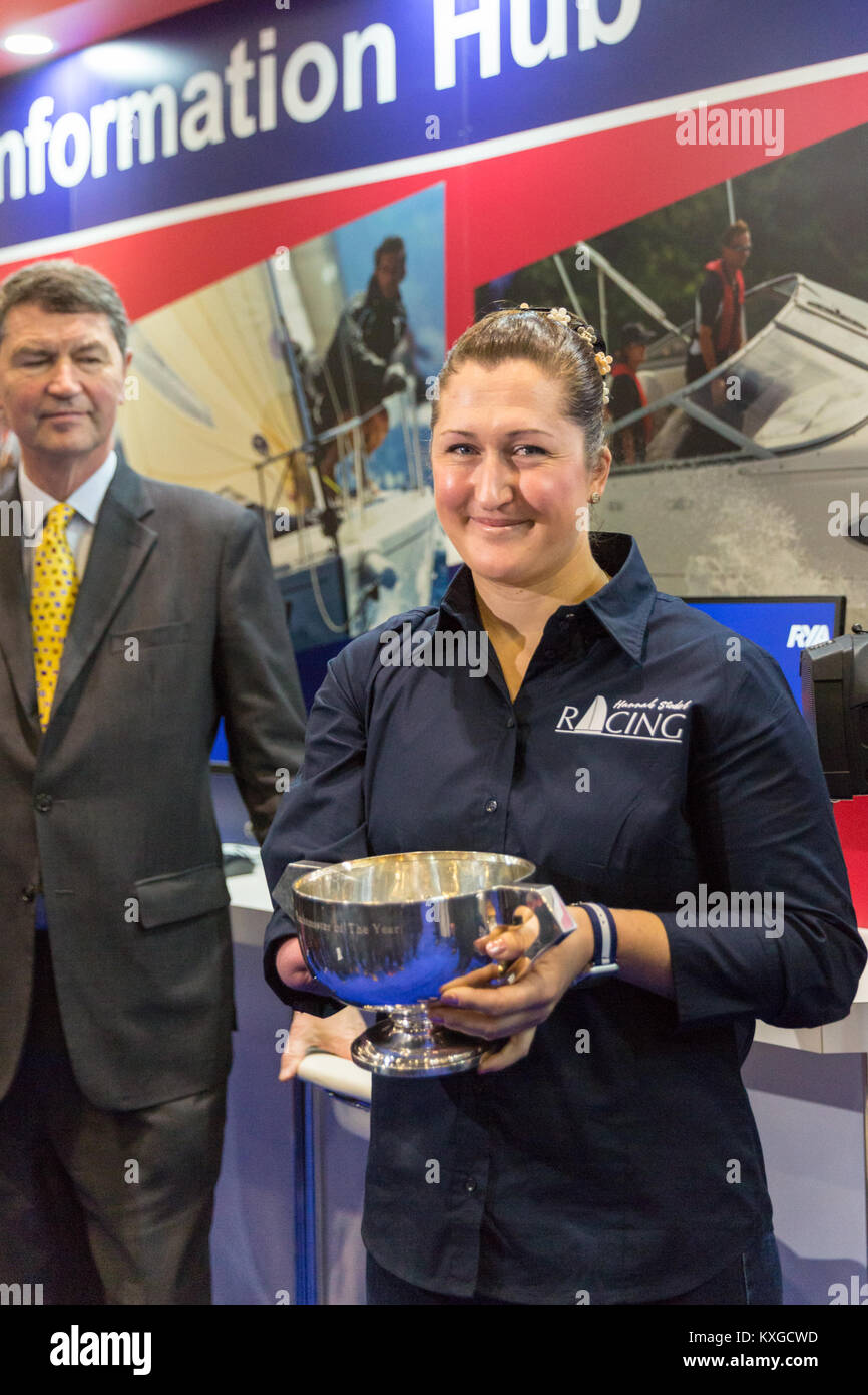 Excel, London, UK. 10th Jan, 2018. Hannah Stodel with her trophy, with Princess Anne's husband, Sir Timothy Laurence. The Princess Royal, Princess Anne, presents the Yachtmaster of the year award to British Paralympic sailor Hannah Stodel. Credit: Imageplotter News and Sports/Alamy Live News Stock Photo