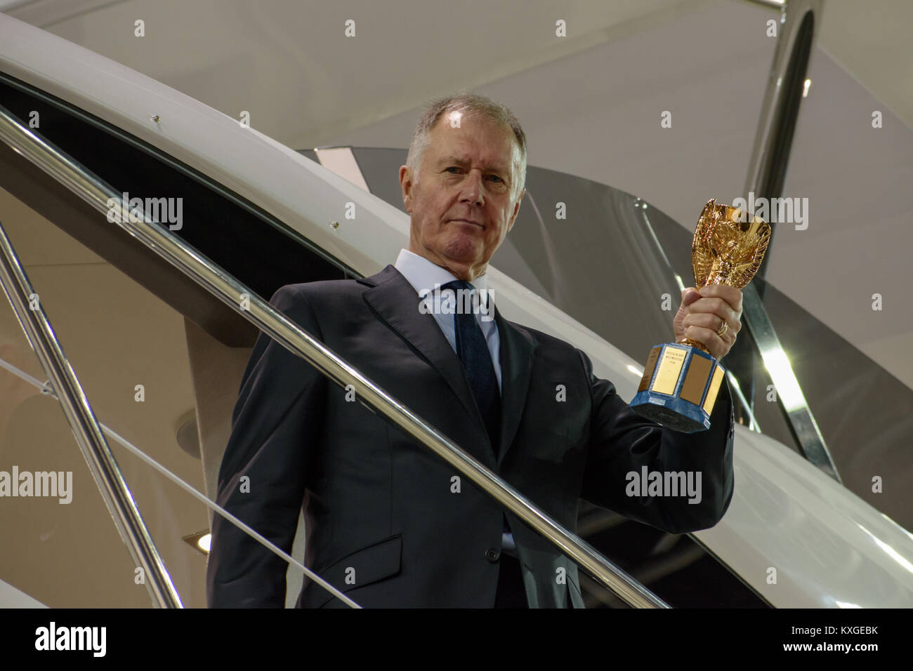 ExCel, London, UK. 10 January, 2018. Sir Geoff Hurst at the Sunseeker stand at the London Boat Show, clucthing the Jules Rimet World Cup trophy. Credit: Neil Doyle/Alamy Live News. Stock Photo