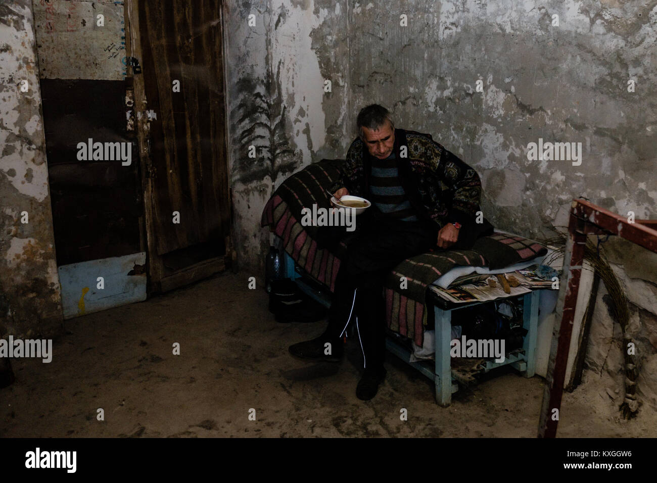 Donetsk, Donbass, Ukraine. 15th Apr, 2015. There is several rooms with different size in the bunker. Here a tiny one to accommodate this man who refused to give it's name and to be identified.The conflict between the Russian backed rebels and the Ukrainian arm forces in the Donbass region of eastern Ukraine has been charring on since 2014. Ten of thousands of residents has made homeless due to this conflict and many seek safety in the underground bunkers in case of shelling. Credit: Yves Choquette/SOPA/ZUMA Wire/Alamy Live News Stock Photo