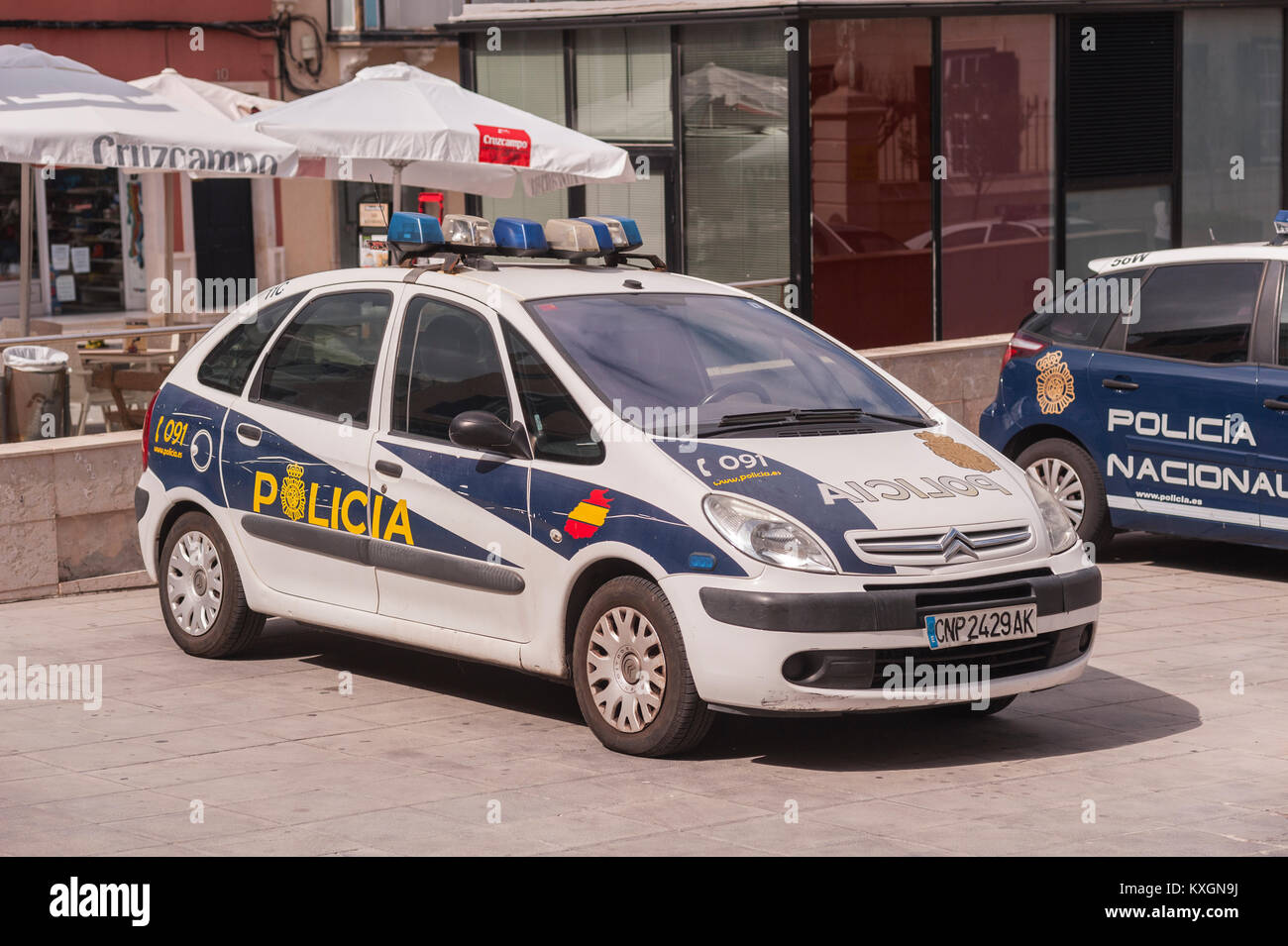 Police cars at Mahon , Menorca , Balearic Islands , Spain Stock Photo