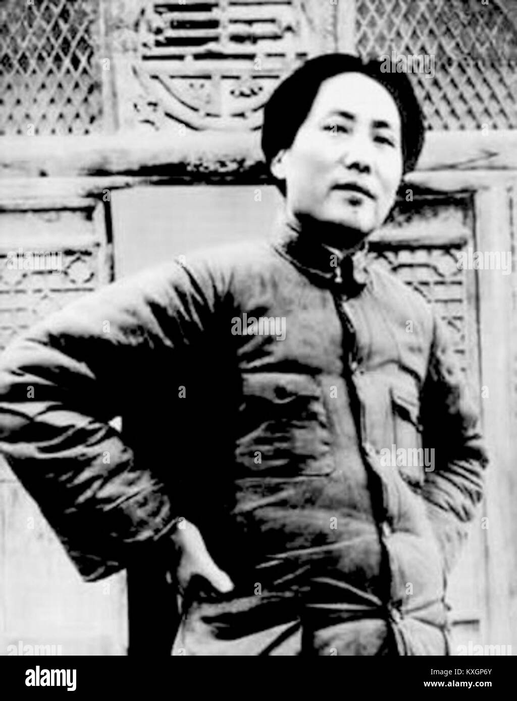 This image from 1946 depicts Mao Zedong in Yan'an, China, a pivotal location during the Chinese Civil War. Yan'an was the base for the Chinese Communist Party, and this photograph highlights Mao’s leadership role in the revolution. Stock Photo