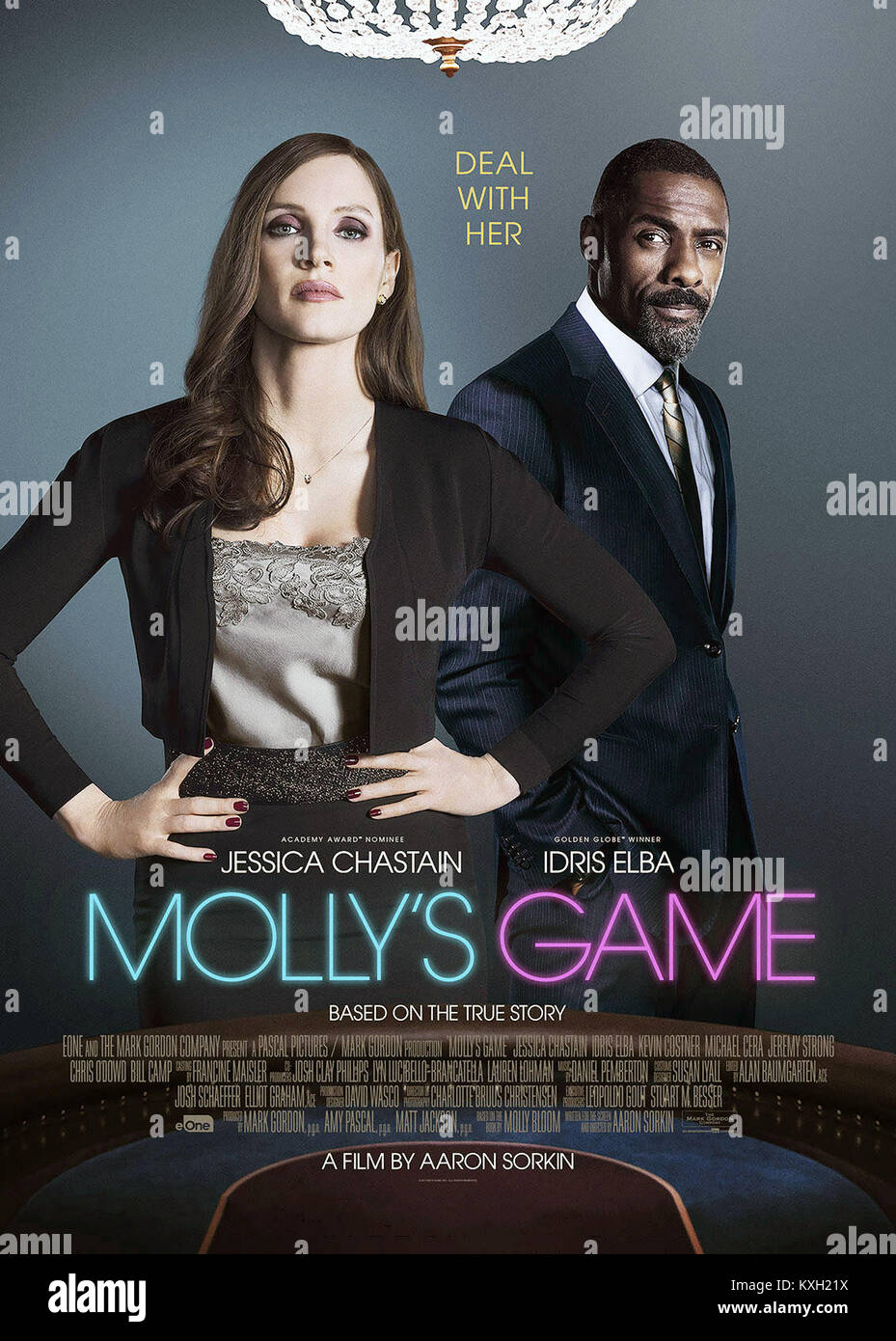 MOLLY'S GAME, poster, from left Jessica Chastain, Idris Elba, 2017